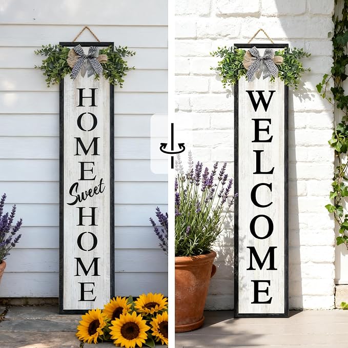 Welcome Sign for Front porch Standing 45"X9" Double-Sided Wood Frame Outdoor Tall Welcome Signs Vertical Decor for Farmhouse Rustic Home Modern Outside Front Door Wall Decorations