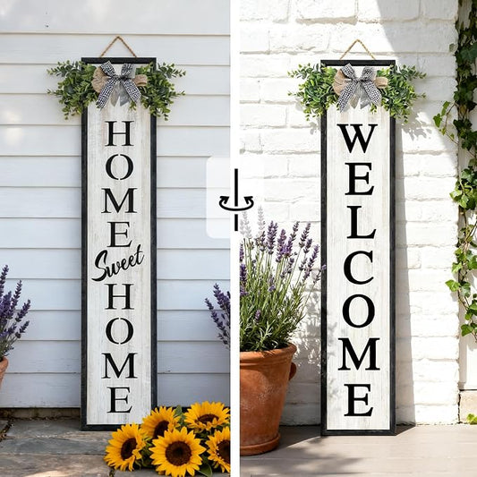Welcome Sign for Front porch Standing 45"X9" Double-Sided Wood Frame Outdoor Tall Welcome Signs Vertical Decor for Farmhouse Rustic Home Modern Outside Front Door Wall Decorations