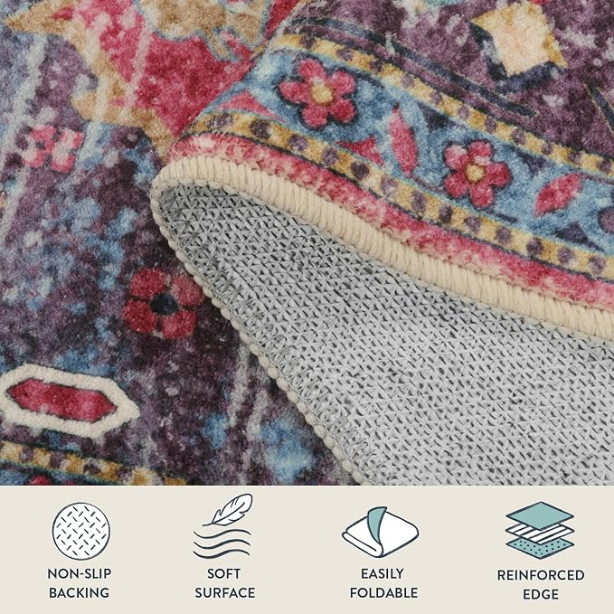 Lahome Felice Machine Washable Area Rugs 3x5, Soft Entryway Rug Oriental Kitchen Rugs, Small Vintage Soft Kid Pet Friendly Printed Indoor Accent Entry Carpet for Bathroom Front Door Decor, Hot Pink