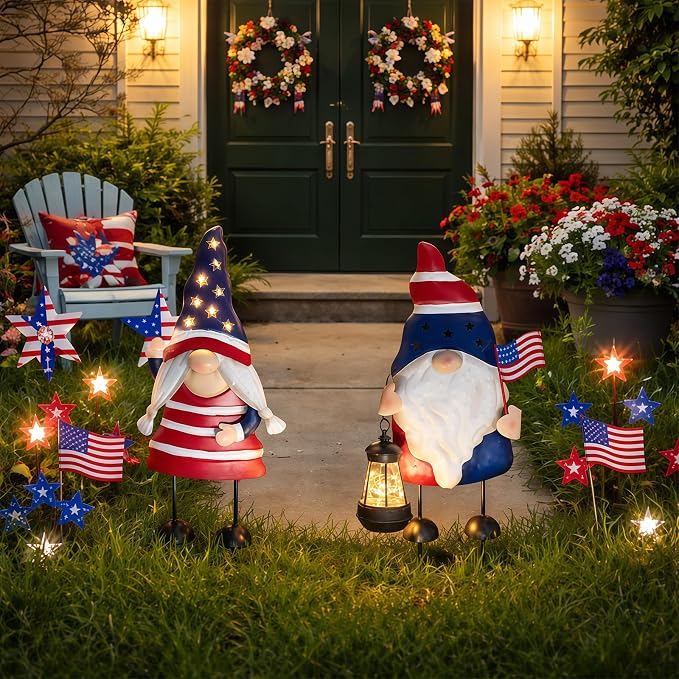 Solar Patriotic Gnomes Garden Stakes - 4th of July Decorations 25" American Flag Garden Gnomes Outdoor Decor for Outdoor & Memorial Day Yard Art 2 Pack