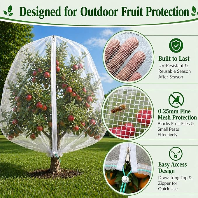 3 Pack 8 x 8 ft Large Fruit Tree Netting Covers with Zipper & Drawstring, Extra Fine Mesh Garden Netting for Blueberry Peach Apple Trees, Protects Fruit from Birds, Squirrels, Deer, Cicadas & Beetles