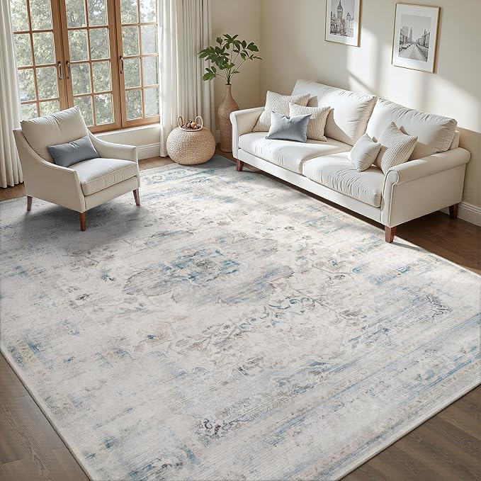DCX Washable 4x6 Blue Rug Stain Resistant Distressed Vintage Rug | Kid & Pet Friendly with Rubber Back Non Slip Soft Low Pile Large Carpet for Living Room, Bedroom, Home Office