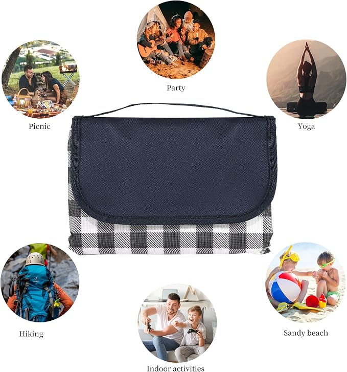 Picnic Blanket Waterproof Beach Blanket 80''x80'' Picnic Mat Washable Lightweight with Handle Navy Blue Checkered for Hiking Travelling Outdoor Camping,Parks