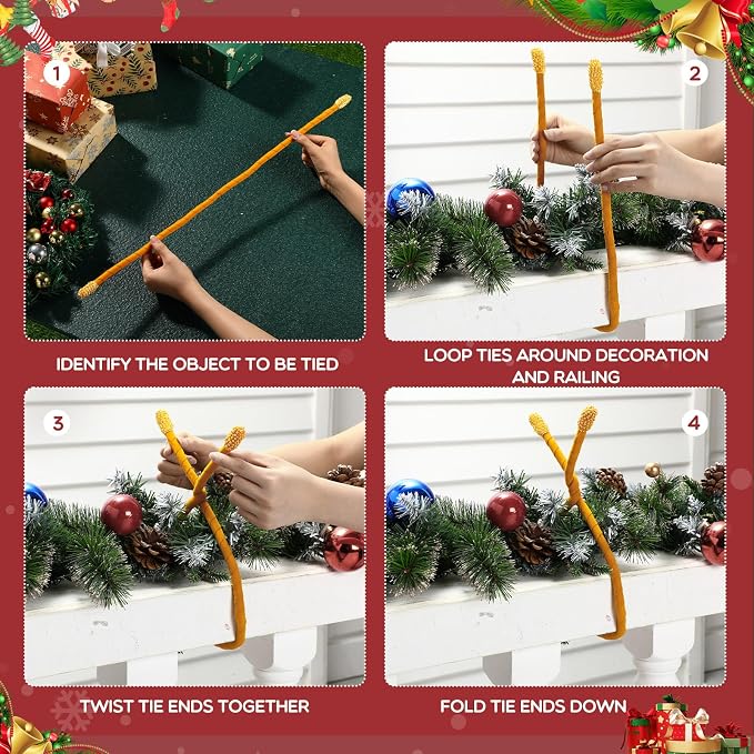 Zhengmy 24 Pcs 20'' 25'' 30'' Christmas Velvet Garland Ties Christmas Decorative Twist Ties for Banister Reusable and Flexible Wreath Twist for Xmas Home Decorations Holiday Craft Wrapping(Gold)