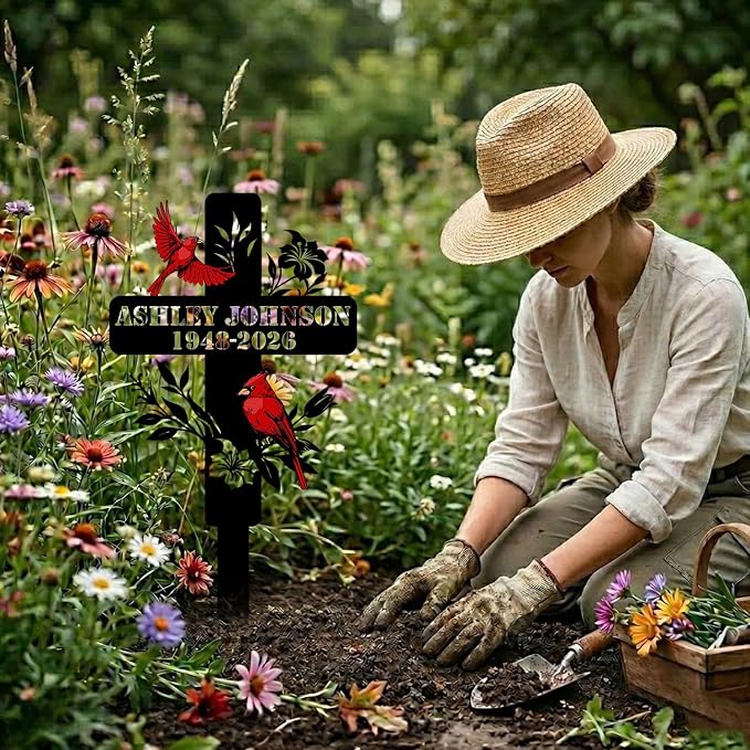 Personalized Cardinal Garden Sign with Stakes, Custom Name Sign, Yard Decor Outdoor, Memorial Gift for Mom, Garden Plaque Sympathy Gifts, loss loved Ones Cross Sign