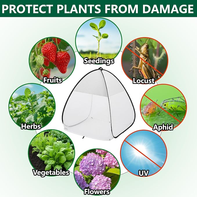 2 Pcs Pop Up Garden Netting Bug and Shade Covers, 30" x 28" x 28" Plant Sun Shade Top Bird Netting Tents, Insect Barrier Sun Protection Plant Cover Tent for Outdoor Plants Vegetables Fruits (White)