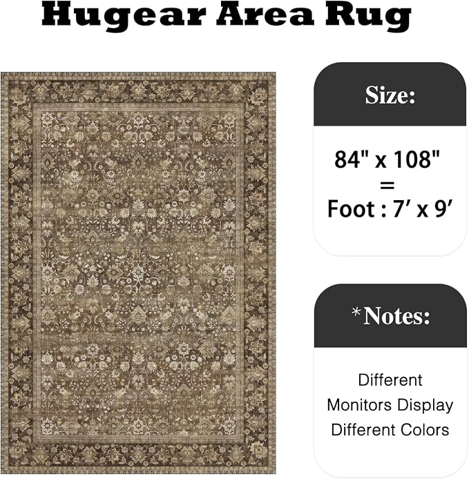 HUGEAR 7x9 Machine Washable Rugs Brown Hallway Large Area Rug Indoor Accent Rug Floral Low Pile Carpet Soft Throw Aesthetic Rug Bedroom Living Room Office Dining Room Kitchen Laundry Room