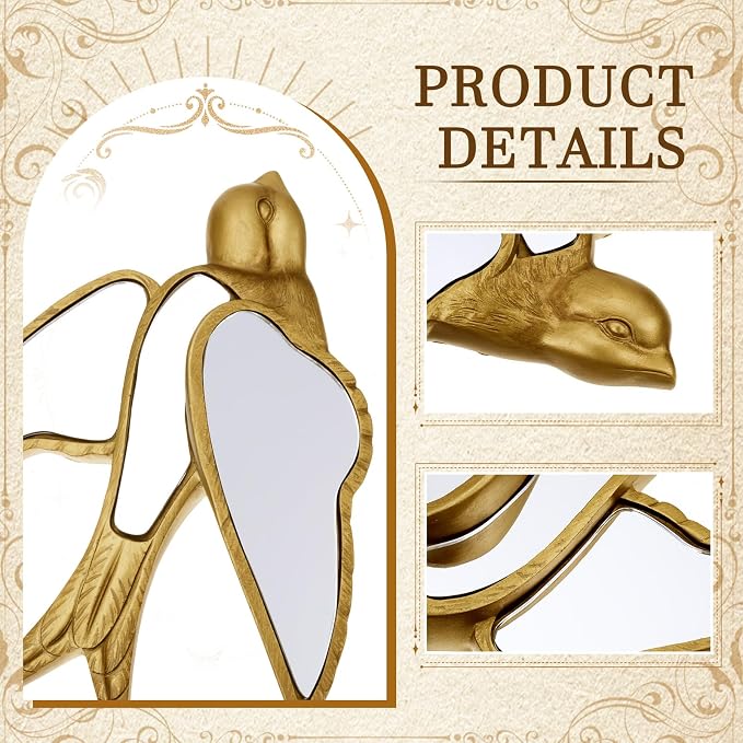 Sliner 2 Pcs Swallow Mirror Wall Decor, Gold Resin Aesthetic Bird Wall Art, Vintage Decorative Hanging Glass Mirrors for Victorian Home, Elegant Nature Inspired Summer Wedding Gift
