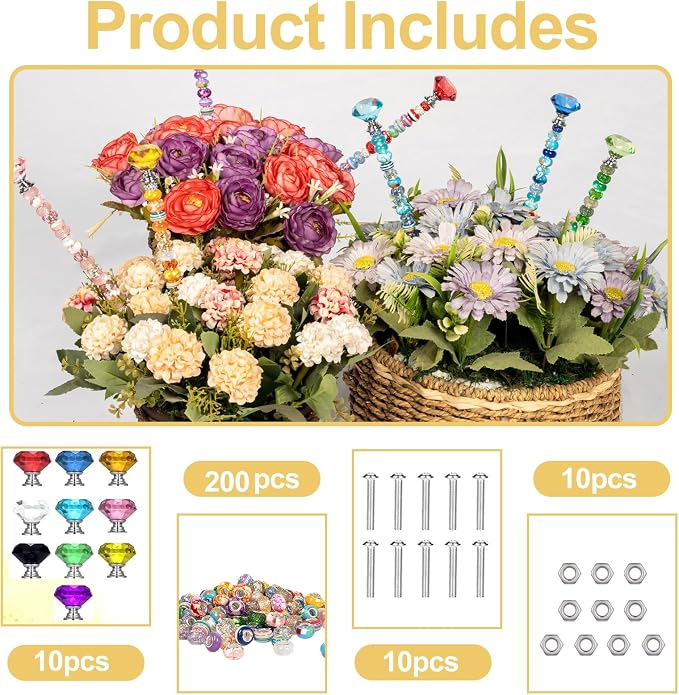 230pcs Beaded Garden Stakes Kit Fairy Garden Stakes Includes 10 Colorful Crystal Top 200 Round Colorful Bead 10 Stainless Steel Threaded Rods and Nuts for Outdoor Decoration(Diamond Style)