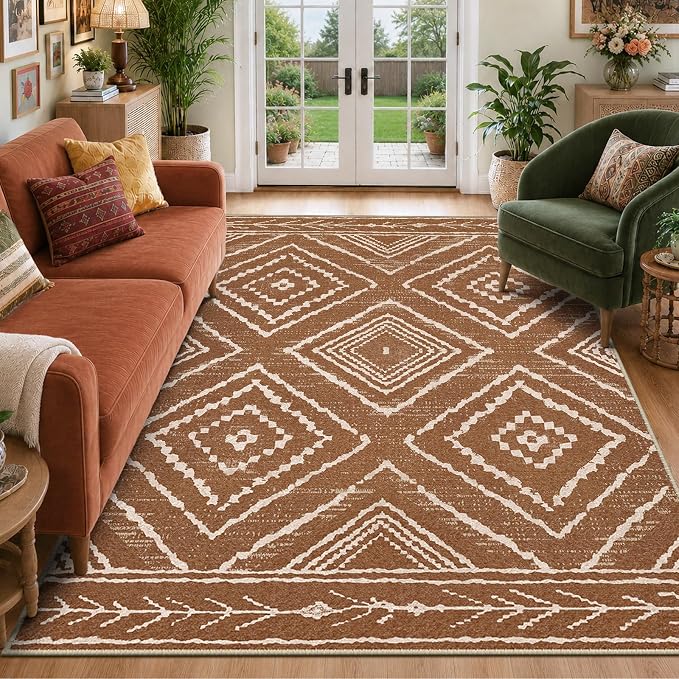 8'x10' Washable Area Rug for Living Room Bedroom Yellowbrown | Soft Western No Slip Low Pile Print Foldable Indoor for Kitchen Dining Room
