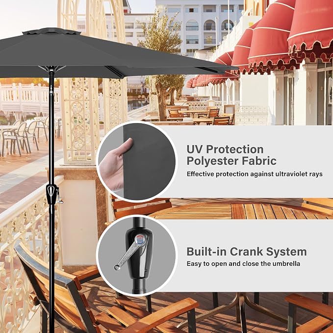 Simple Deluxe 9FT Outdoor Patio Umbrella Table Market Umbrella with Push Button Tilt and Crank, 8 Sturdy Ribs, UV Protection Waterproof for Garden, Lawn, Deck, Backyard, Pool, Grey