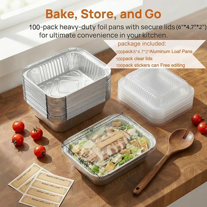 Gyeruni 100 Pack Disposable Aluminum Loaf Pans with Lids and Stickers Kit, 6" x 4.7" x 2" Small Foil Loaf Pans Disposable Mini Foil Baking Tins Trays for Food Containers/Cakes/Bread