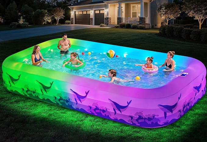 Large Inflatable Pool with Light, 12TF x 6.5TF Inflatable Swimming Pool for Kids Adults, Solar Powered Blow Up Pool Oversized Thickened Family Kiddie Pool for Backyard Outdoor