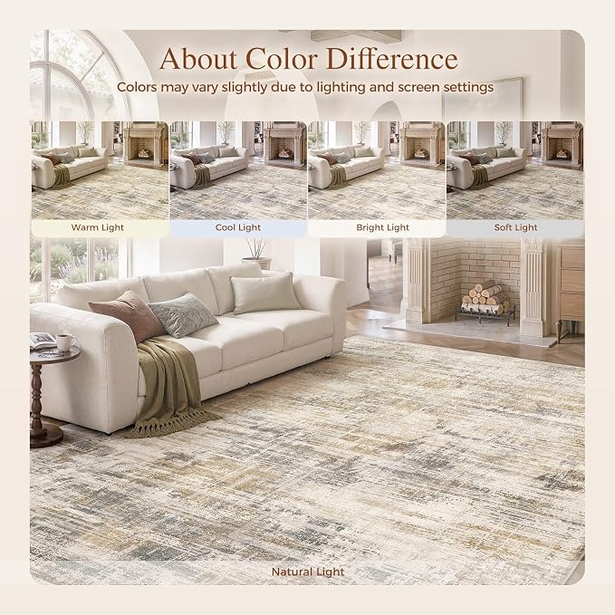 UERMEI 5x7 Area Rug for Living Room Washable Abstract Golden Brown Carpet | Low Pile Non-Slip Soft Neutral Modern Kid Pet Friendly Large Rugs For Bedroom Dining Room Nursery Office Indoor Decor