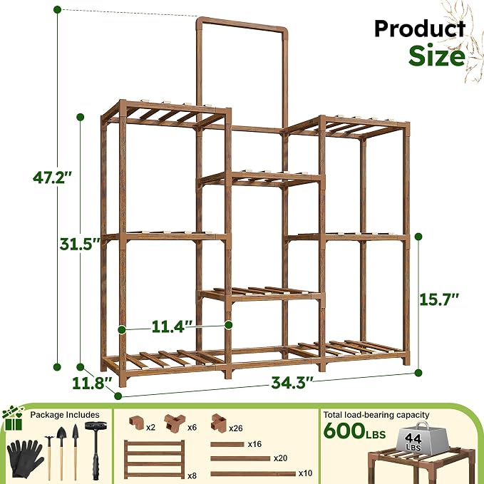 EnHomee Plant Stand, 8 Tiers Indoor Plant Stand for Multiple Plants Pot, Wood Plants Shelves for Living Room, Patio, Balcony, Yard, Garden, 34.3" W x 11.8" D x 47.2" H