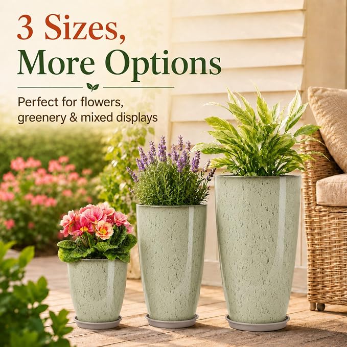 Neoaider Set of 3 Tall Planter, 24/21/12in Large Plastic Planter, DripGlaze | Ceramic-Look, Lightweight, Built-in Drain Hole, Saucers, Tall Outdoor Planter for Porch, Garden, Patio, Balcony