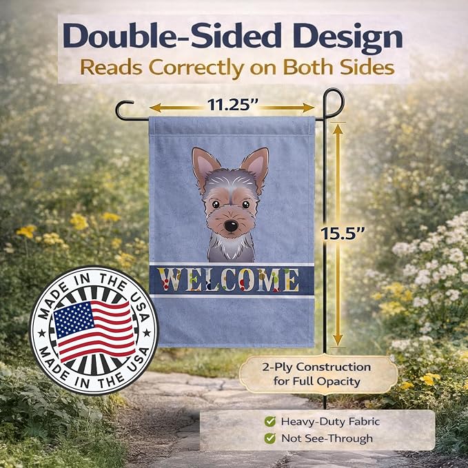 Caroline's Treasures BB1418GF Yorkie Puppy Welcome Garden Flag, Blue Mailbox Flag Decorative Yard Flag Banner Outside Patio Artwork Yard Flower Beds, Garden Size, Multicolor