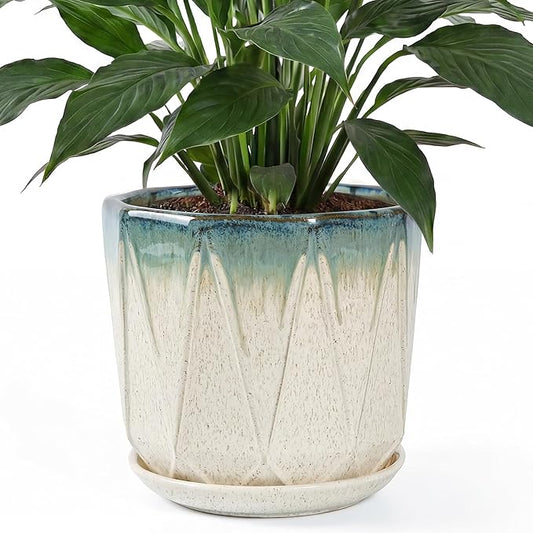 10 Inch Ceramic Plant Pot with Drainage Hole Mesh Net, Large Flower Pots for Indoor Plants with Saucer, Gardening Pots Outdoor (Blue Linen)