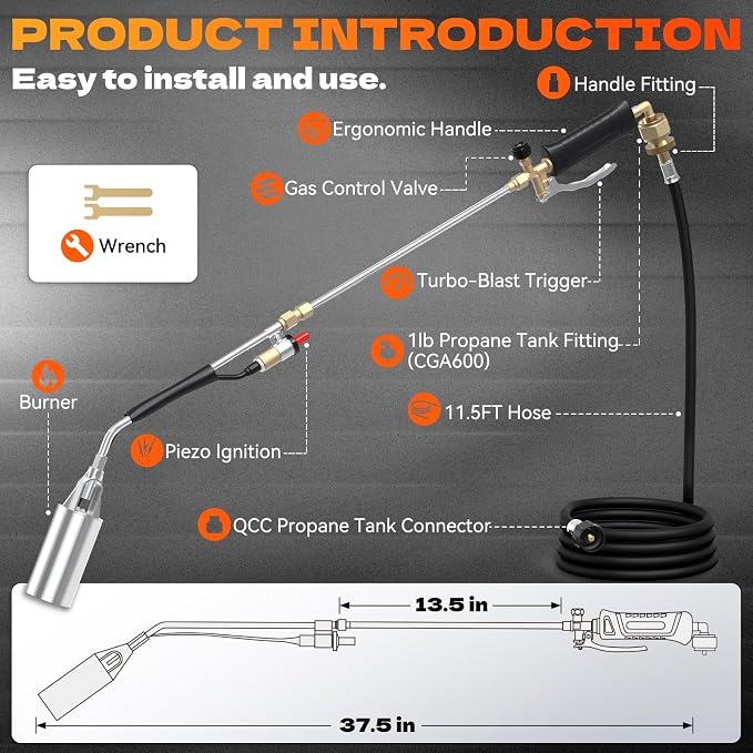 Propane Torch Weed Burner with 11.5FT Hose, Weed Torch with Self Igniter Turbo Trigger, Heavy Duty Flame Weeder for Weeding, Roofing, BBQ, Black
