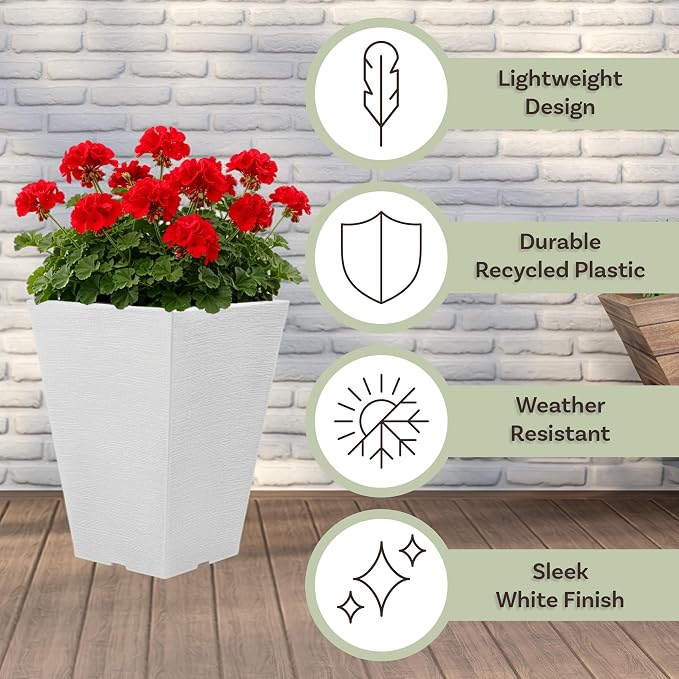 Large Outdoor Planters 2-Pack - 13.75-Inch Tall Planters for Outdoor Plants or Indoor Pots for Plants - Plastic Flower Pots for Patio, Entryway, or Front Porch Decor by Pure Garden (White)