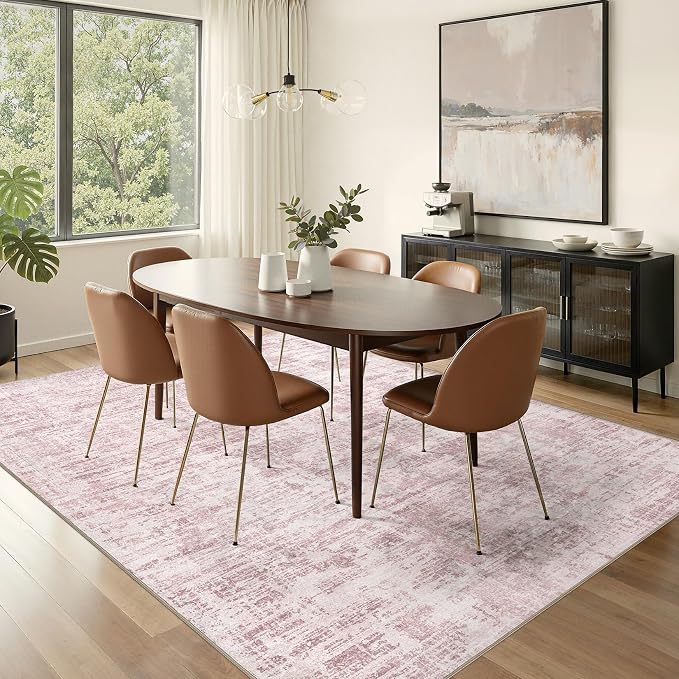 Nakagishi 8X10 Abstract Washable Area Rugs for Living Room-Pink | Modern Non-Slip Silicone Backing Low Pile Soft Carpet for Bedroom Dining Decor Ideal for Families with Kids and Pets