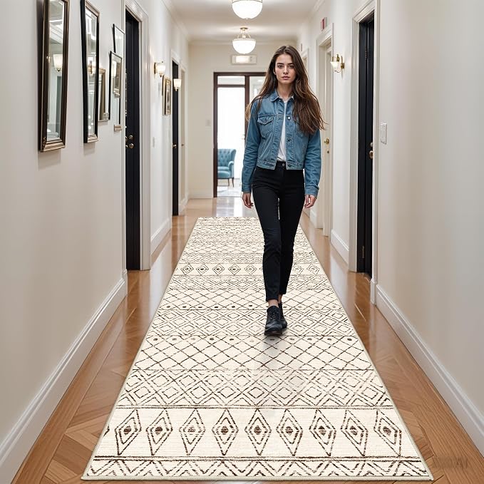 Washable 4x12 Runner Rug Hallway: Moroccan Non Slip Extra Long Rugs Beige | Pets Friendly Runners Low Pile Soft Carpet with Rubber Backing for Kitchen Bedroom Entryway Laundry
