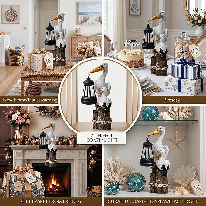 Solar Pelican Garden Statue with LED Lantern, 11.4 Inch Hand-Painted Resin Outdoor Figurine Light for Patio Lawn Yard, Coastal Bird Gift for Women Mom Grandma