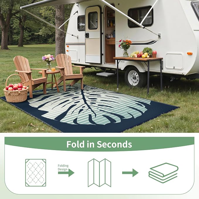 GENIMO Outdoor Rug 6' x 9' Waterproof for Patio Clearance, Reversible Plastic Straw Camping Mat, Lightweight Carpet for Rv, Camper, Deck, Porch, Picnic, Balcony, Beach, J.Blue & Green