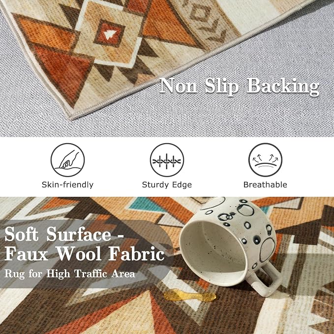 9x12 Southwestern Aztec Area Rug for Living Room Bedroom Dining Room Beige | 9x12 Southwestern Tribal Beige Low Pile Faux Wool Rug, Machine Washable Non-Slip Large Carpet for Living Room Dining Bedroom