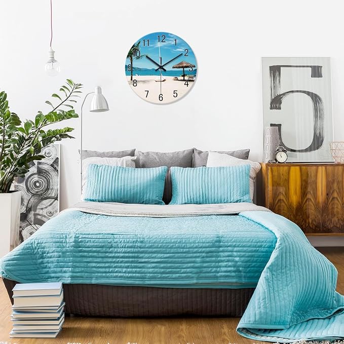 XFM Blue Beach Wall Clock 16 Inch Tropical Coastal | Silent Non Ticking Battery Operated Modern Glass Decorative for Living Room Bedroom Home Office Silent Non-Ticking