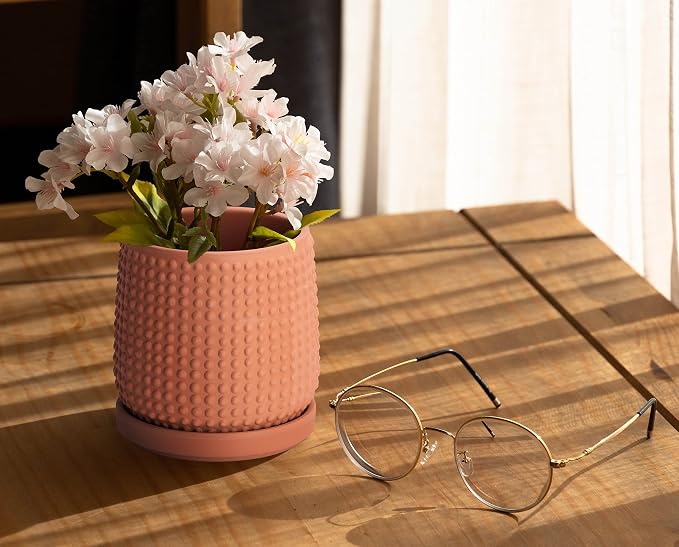 D'vine Dev 4 Inch Terracotta Beaded Planter Pot - Flower Pot with Drainage Holes and Saucers for Indoor Succulent Plants or Flowers,Terracotta, 27-C-Z-7