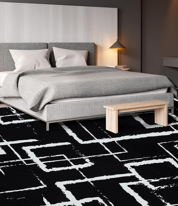 Black Modern Geometric Area Rug 8x10, Black and White Rug with Abstract Rectangular Patterns,Non-Shedding Washable Rugs for Bedroom, Home Office and Living Room
