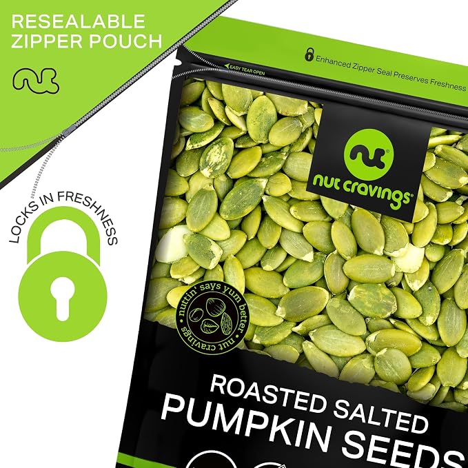 NUT CRAVINGS - Roasted & Salted Pumpkin Seeds, Pepitas, No Shell (16oz - 1 LB) Packed Fresh in Resealable Bag - Nut Snack - Food Assortments