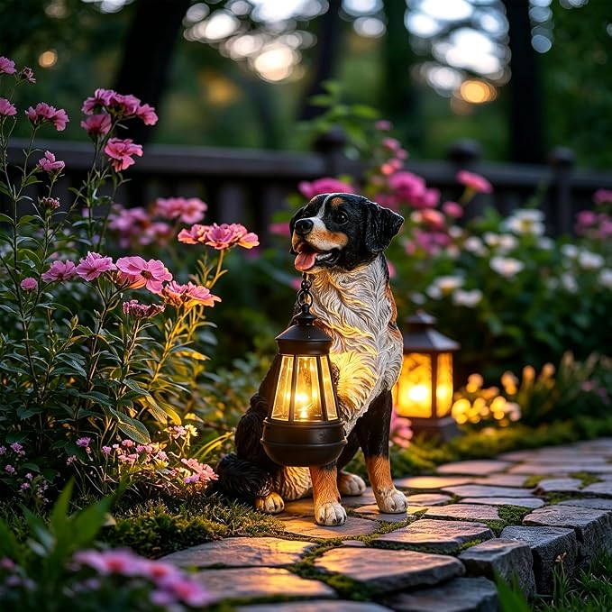 Afirst Dog Garden Statue - Outdoor Decor with Solar Lantern Valentine's Day Gift Lovely Bernese Mountain Dog Figurine Patio Lawn Yard Art Ornaments Housewarming Gift