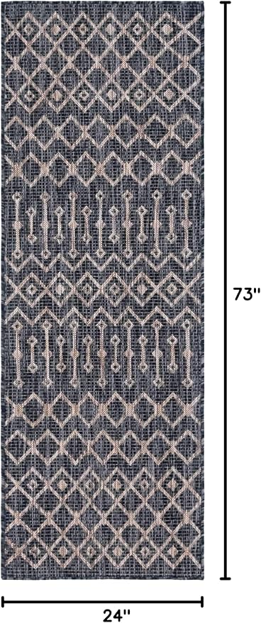 Unique Loom Outdoor Trellis Collection Area Rug - Tribal Trellis (2' x 6' 1" Runner, Charcoal Gray/ Natural)