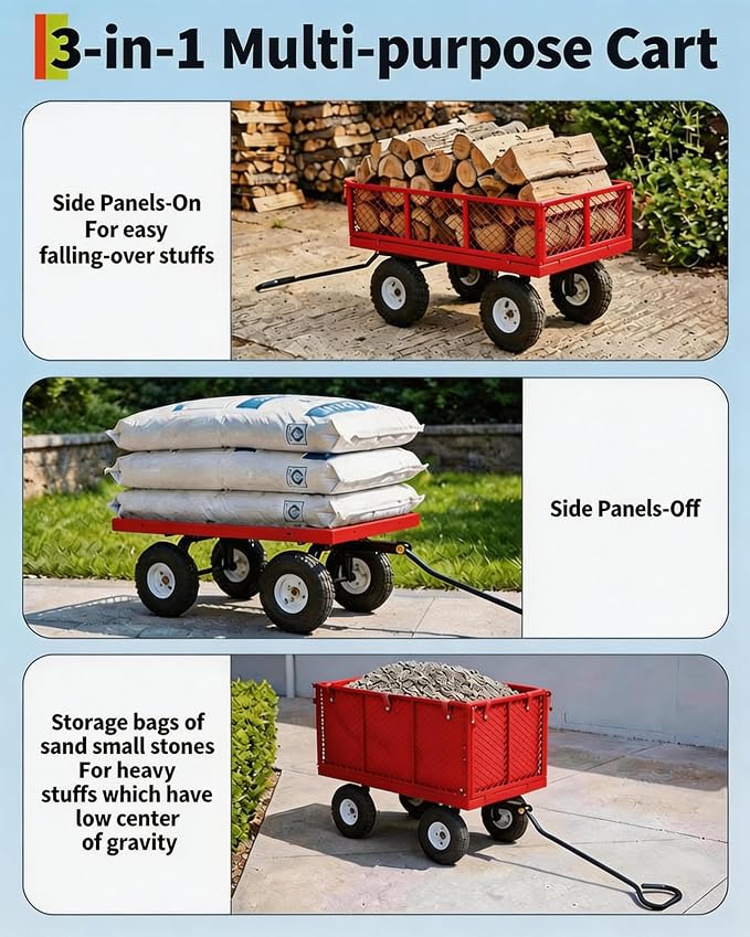 GarveeTech 400LBS Heavy Duty Steel Garden Cart, Garden Wagon Cart on Wheels, Metal Yard Utility Wagon with Removable Mesh Sides, 10" All Terrain Tires, 180° Rotating Handle for Lawn, Garden, Farm