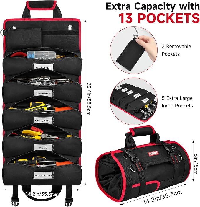 Tool Bag,Large Roll Up Tool Bag Organizer,13 Pockets Tool Roll Storage Pouch,Heavy Duty Portable Tool Storage Carrier Bag for Men,Mechanic,Electrician,Valentines Day Gifts for Men,Black/Red