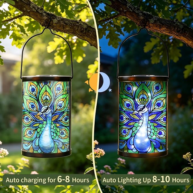 Hanging Solar Lantern Outdoor Waterproof LED Solar Lights Peacock Decorative Solar Lanterns Tabletop Lamp for Outdoor Patio Garden Yard Decor
