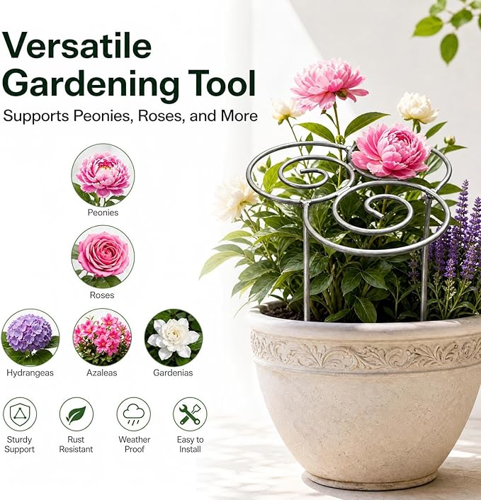 Peony Cages and Supports, Plant Support Garden Stakes, Metal Plant Support Ring for Garden, Plants Supports Cage, for Clump-Forming Flowers and Plants Such as Peonies, Roses, and Dahlias (M(15.7in))