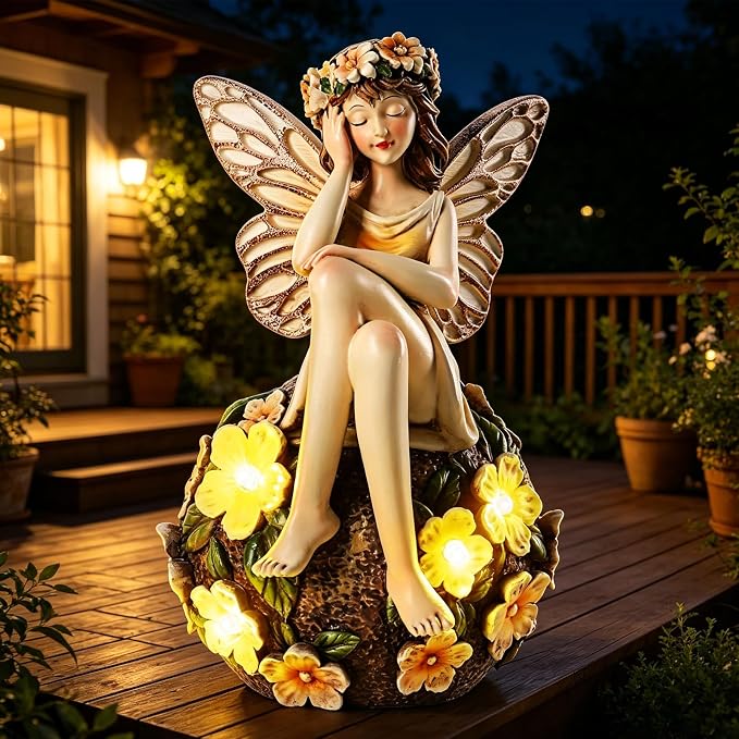 Solar Fairy Statue Sitting on the Flower Ball Light 6.8" Angel Statues for Garden Yard Patio Porch Lawn Decor Resin Fairy Figurine Outdoor Waterproof Angel Gifts for Women Mom Sister