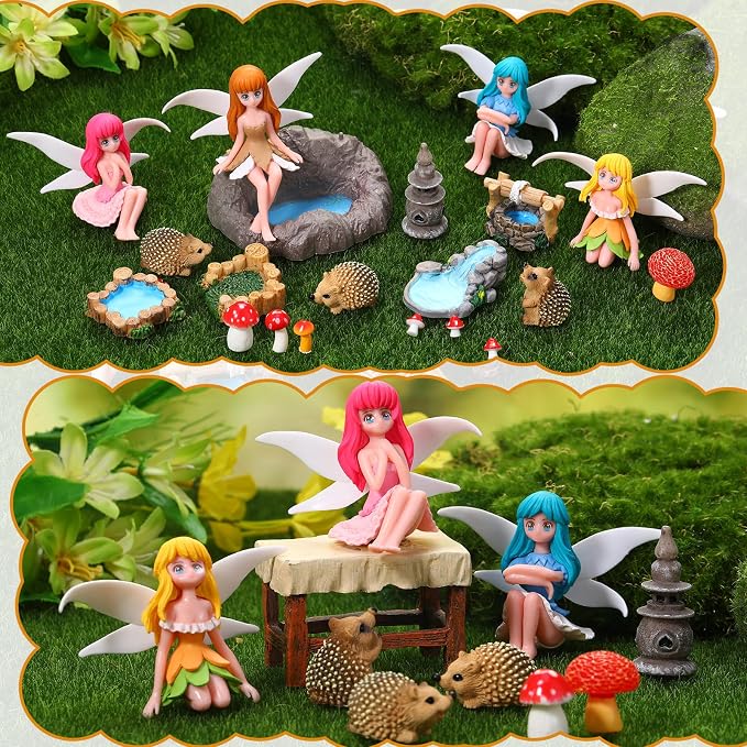 28Pcs Fairy Garden Accessories, Miniature Garden Ornaments Landscape Decorations Mini Fairy Figures Animal Plant Set for Outdoor DIY Terrarium Potted Plants Dollhouse Desk Decor