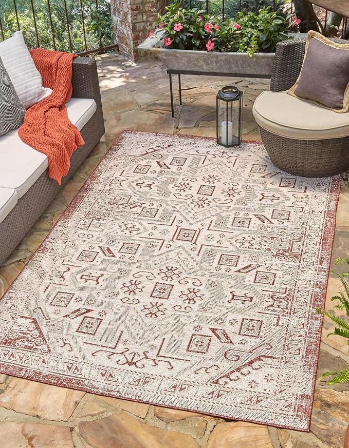 Unique Loom Outdoor Aztec Collection Area Rug - Coba (6' 1" x 9' Rectangle, Rust Red/ Ivory)