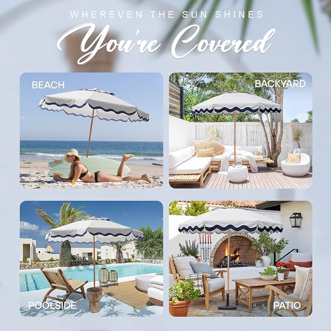 AMMSUN 7.8FT Outdoor Patio Umbrella, Boho Market Table Umbrella Wood Pole | Heavy-Duty Build Quality, UPF 50+ Sun Protection and Waterproof Canvas, Hand-Crafted Ash Wood Pole, Air Vent, a Carry Bag