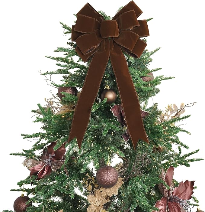 13" Brown Velvet Christmas Tree Topper Bow, Premade, 13" x 20"