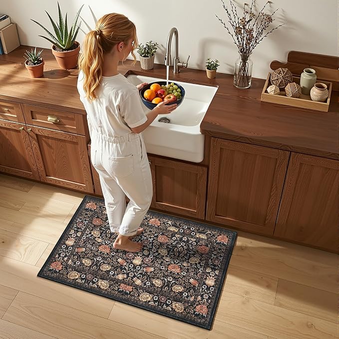GarveeHome Dark Brown Floral Washable 2x3 Rug for Entryway Small Door Mat | Kitchen Bathroom Girls Bedroom Dorm Rug Vintage Boho Rugs Low-Pile Non-Slip Stain Resistant TPE Backing