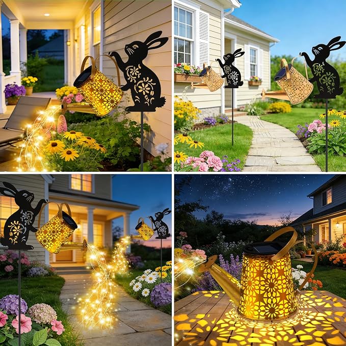 Solar Watering Can Lights, 2 Pack Bunny Hanging Lantern Solar Lights Outdoor, Rabbits Lover Gifts for Mom Women Birthday Mother's Day, Waterproof Garden Decor Outside Patio Yard Pathway Backyard