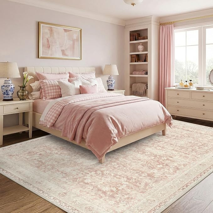 Latte&Fog 8x10 Area Rugs for Living Room Washable Large Pink Rugs Cute | Non Slip Low Pile Soft Floral Carpet for Girls Bedroom Dining Kitchen Kids Playroom Nursery Classroom Dorm Farmhouse Office