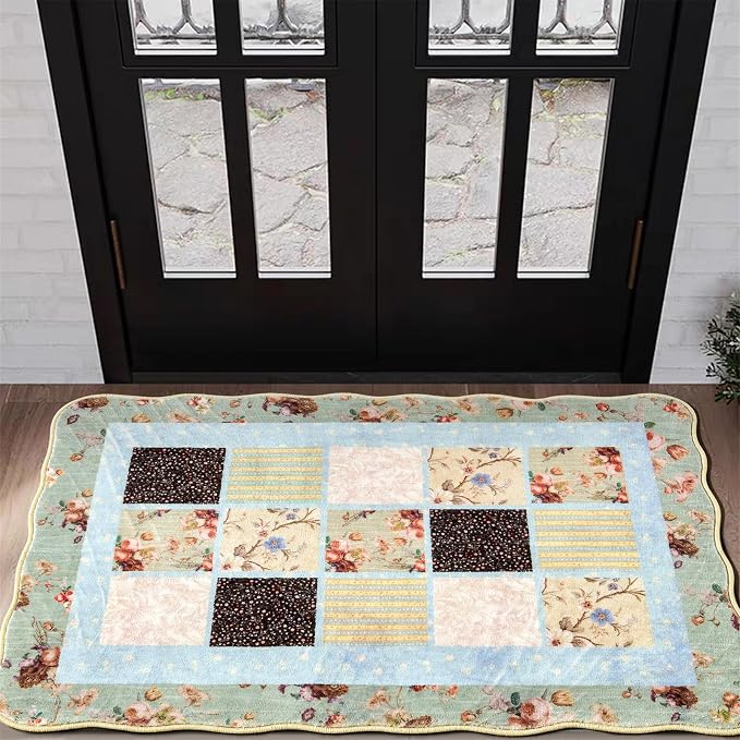 Vintage Floral Bathroom Rugs Non Slip, Thin Country Tribal Quilted Patchwork Rose Retro Indoor Doormat Washable, Cute Boho Shabby Chic 2x3 Scalloped Throw Area Rug for Kitchen Bedroom Laundry Entryway