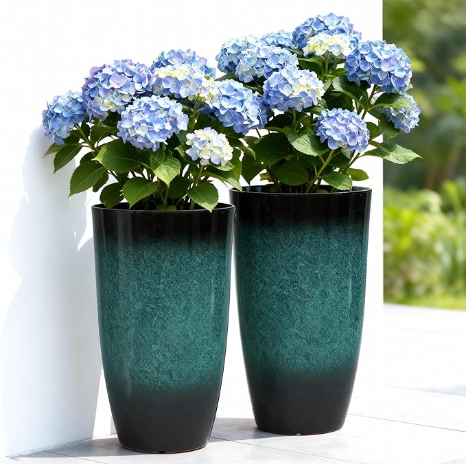 Autodaya 23.8" Tall Outdoor Planters Set of 2, Ceramic-Look Large Plastic Flower Pots with Drainage Holes, Gradient Turquoise Indoor Outdoor Plant Pots for Porch Patio Balcony Garden Home Decor