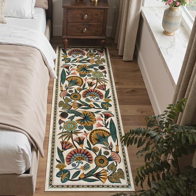 Zealude Washable Kitchen Runner Rug, Floral 2x6 Rug Runners for Hallways, Washbale Non Slip Beige Rugs, Soft Low Pile Carpet for Bedroom Entryway Laundry Room